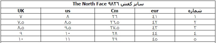 سایز کفش نورث فیس 9826